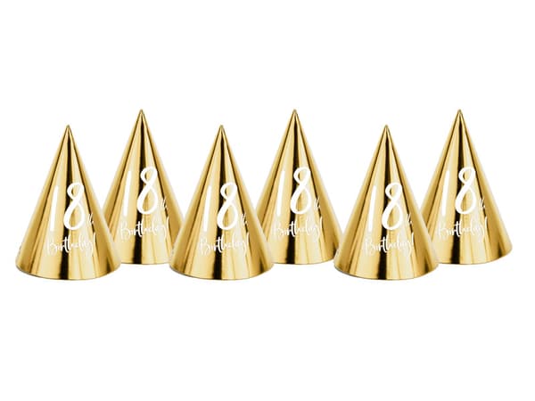 18-års fødselsdagskasketter, guld, 16 cm (1 æske / 50 pakker) (1 pakke / 6 stk.)