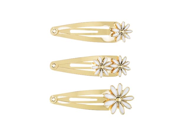 Marguerit hårspænder, 5x1,5-2 cm, guld (1 æske / 48 pakker) (1 pakke / 3 stk.)