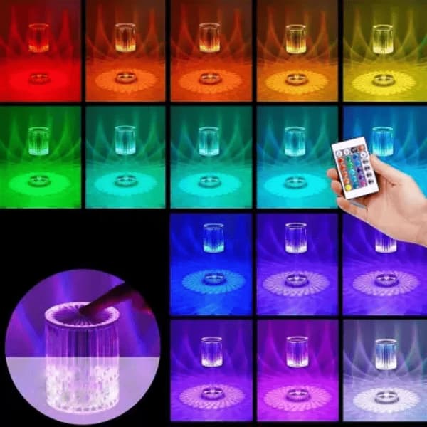 Bordlampe LED - Krystal RGB farver med fjernbetjening