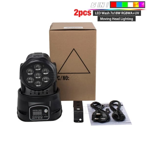 LED Vask Moving Head Lys, RGBWA+UV 6i1, Hurtig Levering, 2 stk 7X18W 6IN1, EU-stik