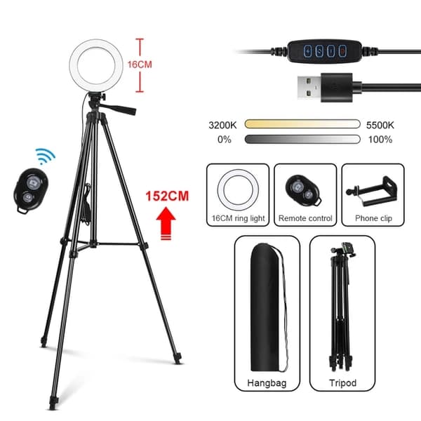 Selfie Ring Light, Justerbar Tripod Stativ, Dæmpbar 3 Farver, 6 tommer sort