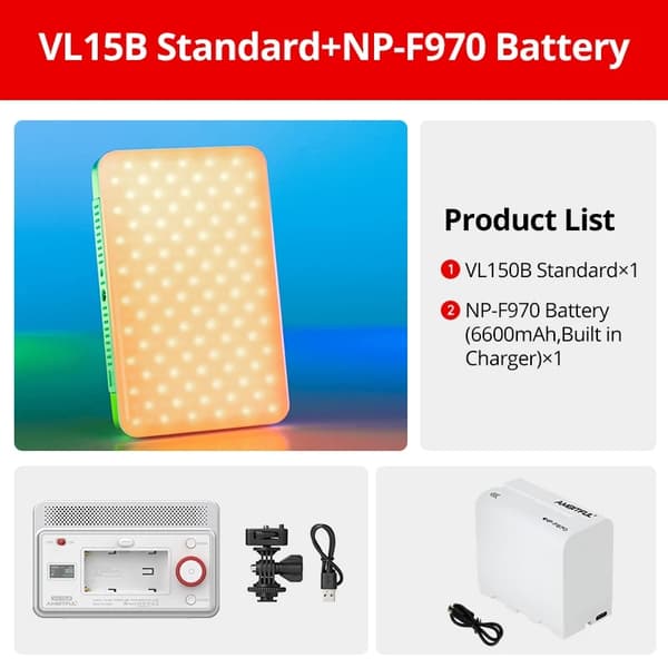 AMBITFUL LED Fyldelys, Bi-farve & RGB Muligheder, NP-F970 Batteri Inkluderet,VL15B Kit 5