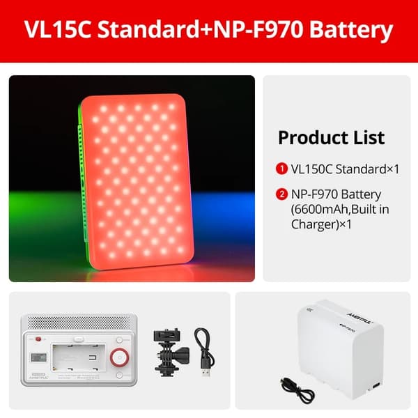 AMBITFUL LED Fyldelys, Bi-farve & RGB Muligheder, NP-F970 Batteri Inkluderet,VL15B Kit 5