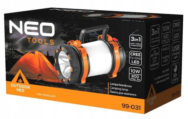 NEO Campinglampa uppladdningsbar powerbank 3-i-1