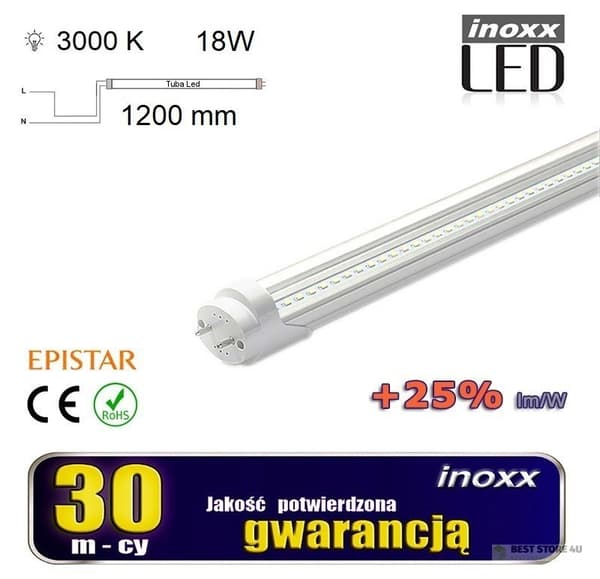LED lysstofrør 120cm 18w t8 3000k g13 varm transparent ensidig