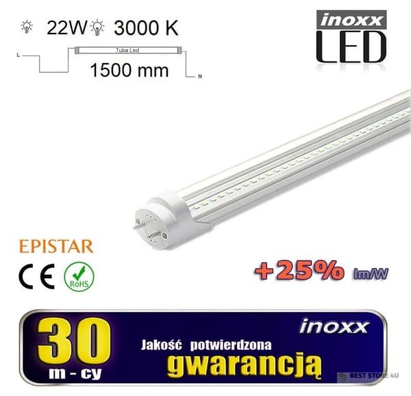 LED lysstofrør 150cm 22w t8 3000k g13 varm transparent dobbeltsidet