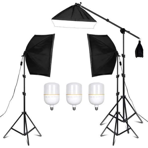 Softbox-belysningskit, justerbara ljusstativ, inkluderad bomarm,3-färgs lampa