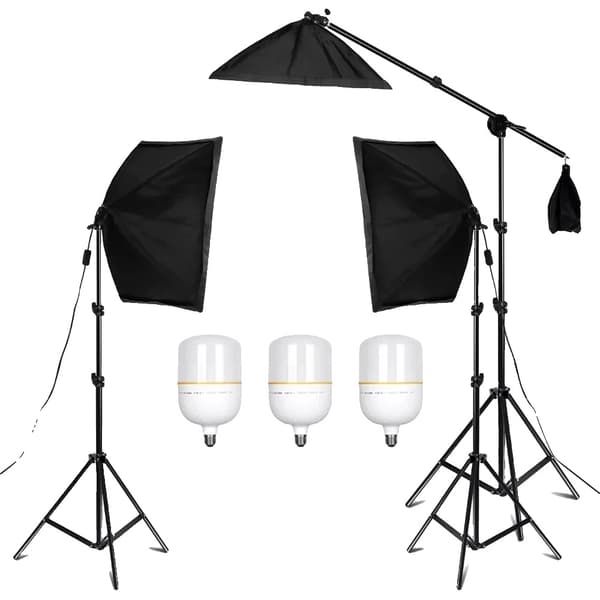Softbox-belysningskit, justerbara ljusstativ, inkluderad bomarm,3-färgs lampa