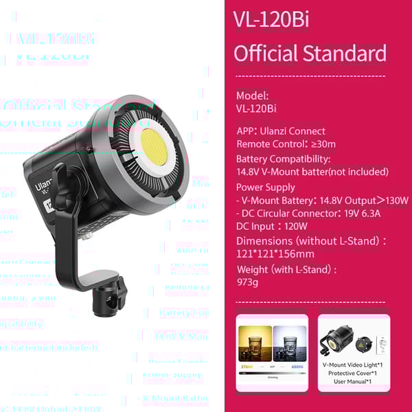 V-Mount COB Lys, Fjernbetjening, 2700K-6500K Farvetemperatur,Kun VL-120Bi