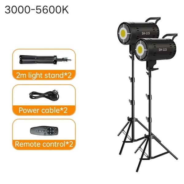 Fotografi LED Videolampa, Justerbar 1000-9000K Färgtemperatur, Steglös Dimmningskontroll,2m Stativ 115W 2st