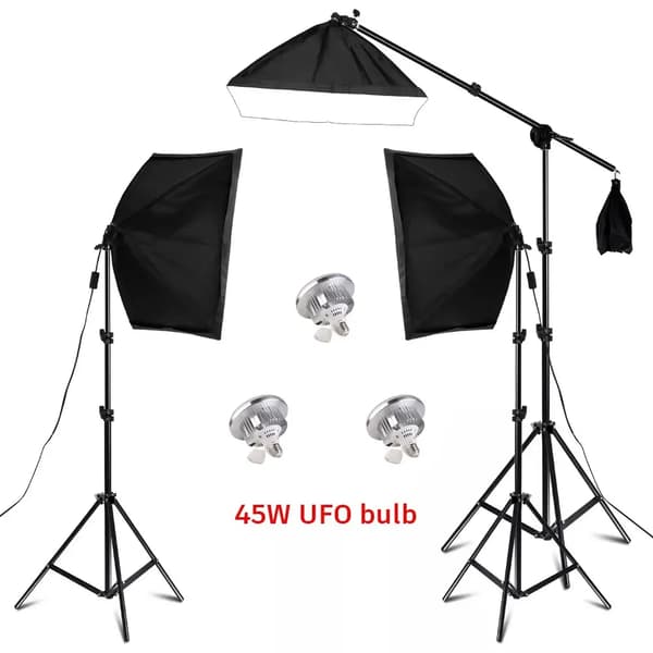 Softbox-belysningskit, justerbara ljusstativ, inkluderad bomarm,45W UFO-lampa