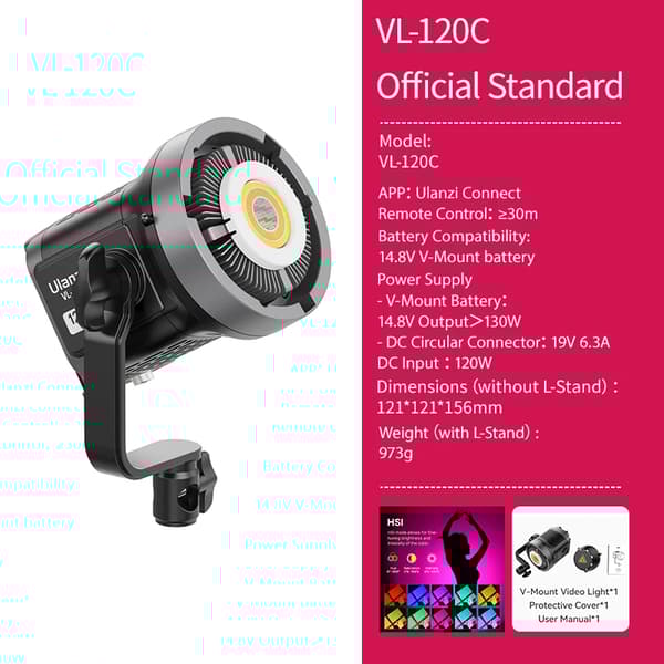 V-Mount COB Lys, Fjernbetjening, 2700K-6500K Farvetemperatur,Kun VL-120C