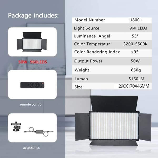 50W LED Foto Studio Lys, Bi-farve 3200K-5600K, 200cm Stativ,50W U800