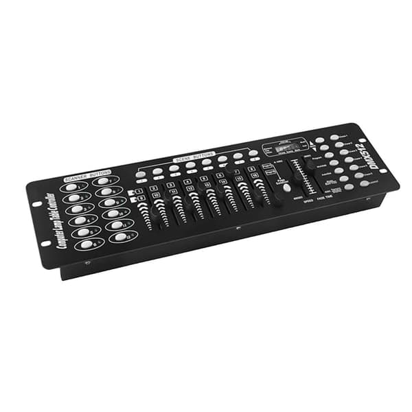 192-kanavainen DMX-ohjain, ohjelmoitavat valokohtaukset, musiikin laukaisemat efektit