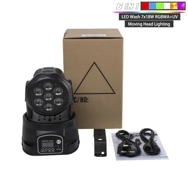 LED Moving Head-ljus, 7x18W, RGBWA+UV-teknik, Professionell Kvalitet, LED Wash 7X18W 6IN1, EU-kontakt