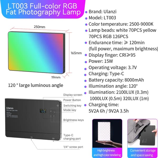 15W RGB LED Video Light, 8000mAh batteri, justerbar farvetemperatur 2500-9000K,LT003LT003
