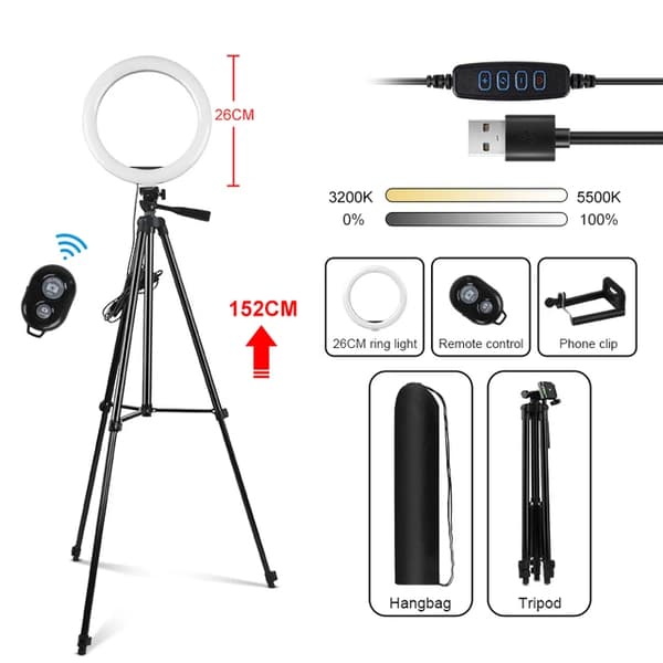 Selfie Ring Light, Justerbar Tripod Stativ, Dæmpbar 3 Farver, 10 tommer sort