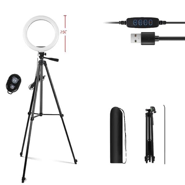 Selfie Ring Light, Justerbar Tripod Stativ, Dæmpbar 3 Farver, 10 tommer sort