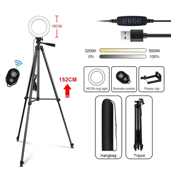 Selfie Ring Light, Justerbar Tripod Stativ, Dæmpbar 3 Farver, 6 tommer sort