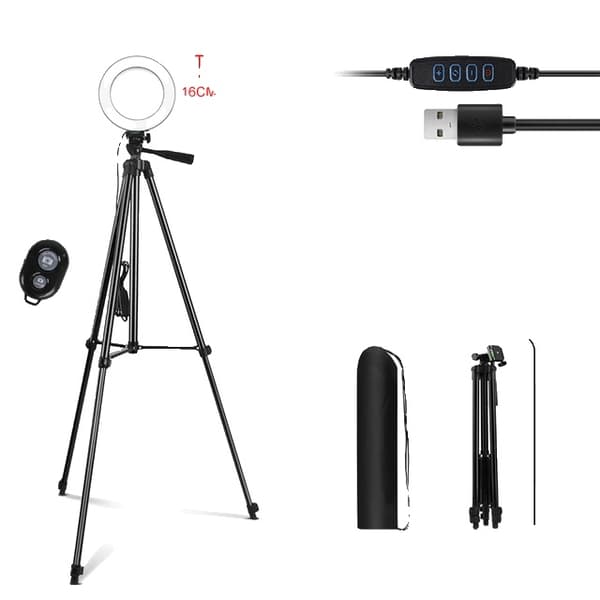 Selfie Ring Light, Justerbar Tripod Stativ, Dæmpbar 3 Farver, 6 tommer sort