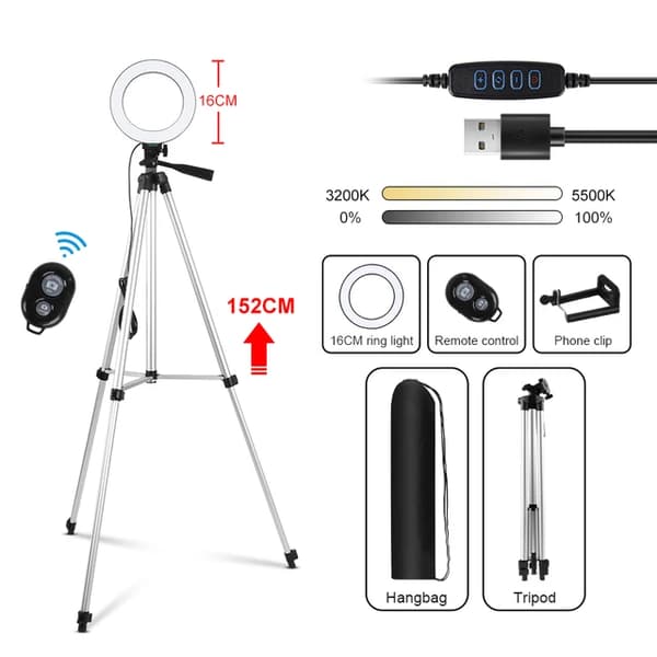 Selfie Ring Light, Justerbar Tripod Stativ, Dæmpbar 3 Farver, 6 tommer grå