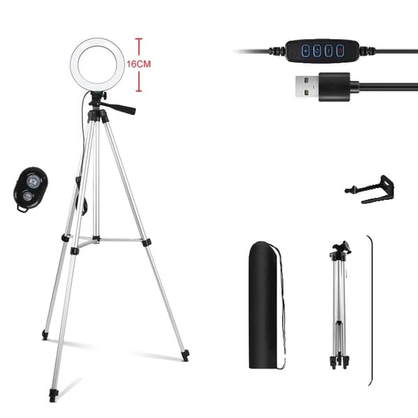 Selfie Ring Light, Justerbar Tripod Stativ, Dæmpbar 3 Farver, 6 tommer grå
