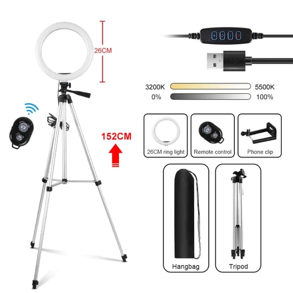 Selfie Ring Light, Justerbar Tripod Stativ, Dæmpbar 3 Farver, 10 tommer grå