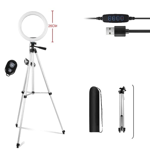 Selfie Ring Light, Justerbar Tripod Stativ, Dæmpbar 3 Farver, 10 tommer grå