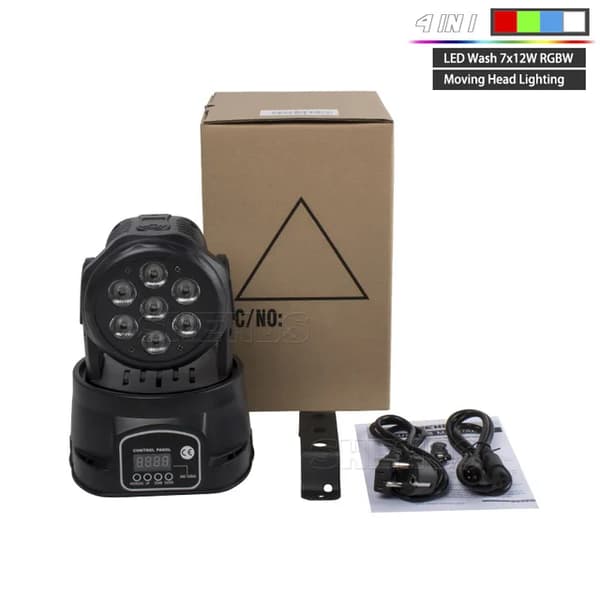 LED Moving Head Belysning, RGBWA+UV Farveblanding, 12/16 DMX Kanaler, 7x12W RGBW, EU-stik