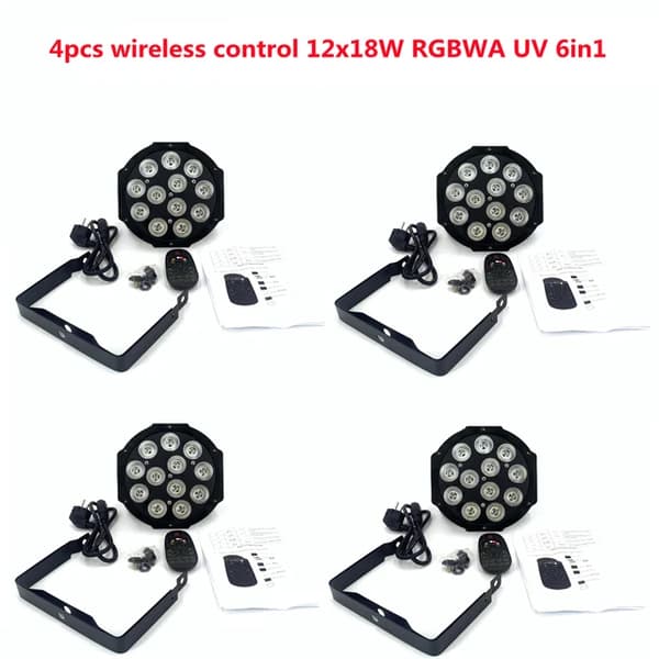 LED Par Lys, RGBWA UV Farveblanding, DMX Kontrol, 4X 12x18W Trådløs, EU-stik