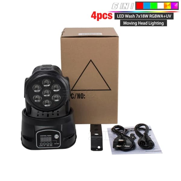 LED Vask Moving Head Lys, RGBWA+UV 6i1, Hurtig Levering, 4 stk 7X18W 6IN1, EU-stik