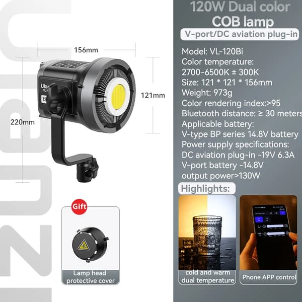 COB Fotografi Udfyldningslys, Dobbelt Farvetemperatur, APP Fjernbetjening,120W BI COB