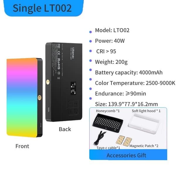 LED Fotografi Videolampa, 40W Effekt, 4000mAh Batteri, 2500K-9000K Färgtemperatur,LT002