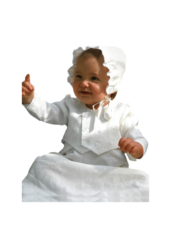 Christening gown for boys,  Grace of Sweden, With brocade vest and bonnet