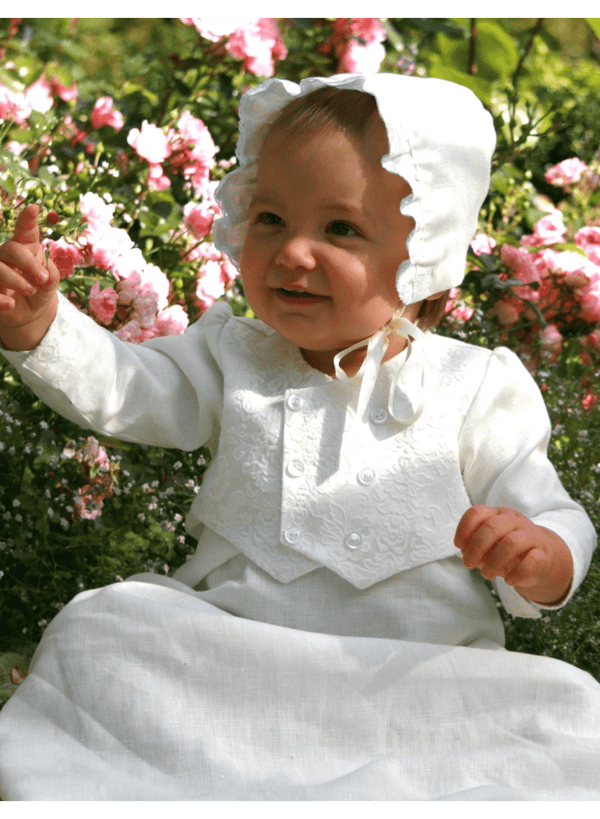 Christening gown for boys,  Grace of Sweden, With brocade vest and bonnet