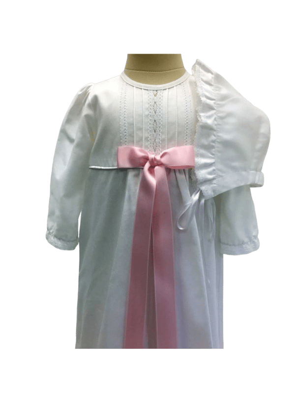 White cotton Christening gown with bonnet and 10 choices of bows – Grace of sweden