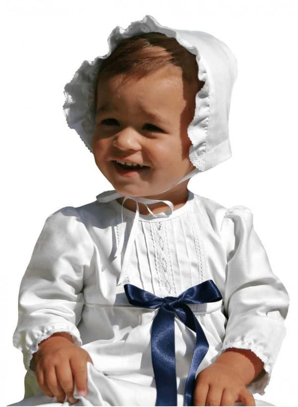 White cotton Christening gown with bonnet and 10 choices of bows – Grace of sweden