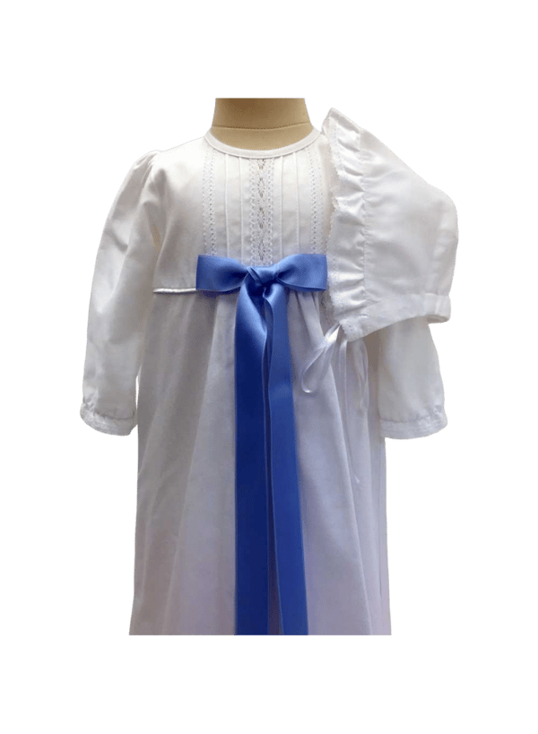 White cotton Christening gown with bonnet and 10 choices of bows – Grace of sweden