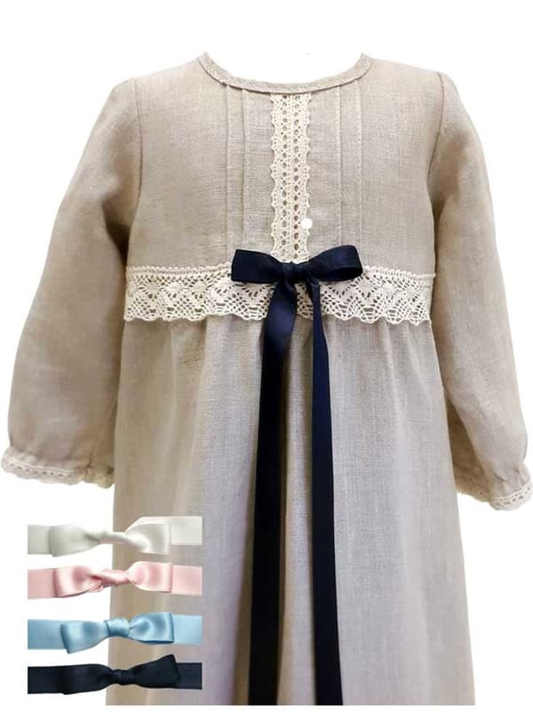 Christening gown in linen - Grace of Sweden - long sleeve and 4 choices of bow colour