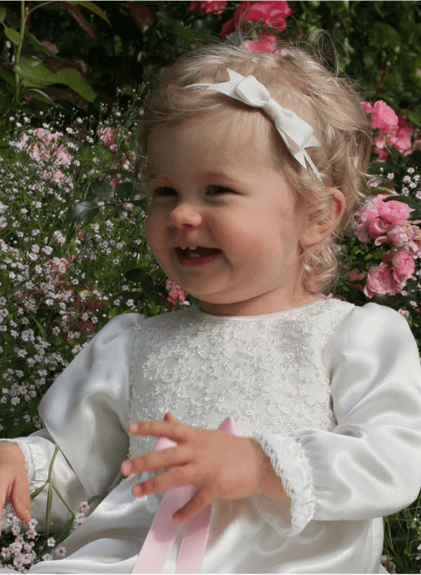 Christening gown with long sleeve and fee choice of color of bow, Grace of Sweden Ma.la