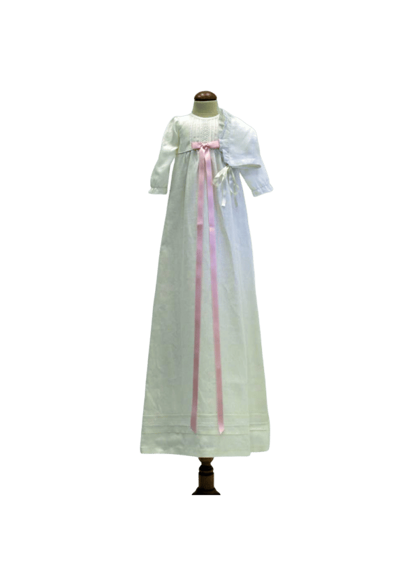 Christening gown in off white linen with long sleeves and bonnet , 5 bows tho choose from -  Grace of sweden