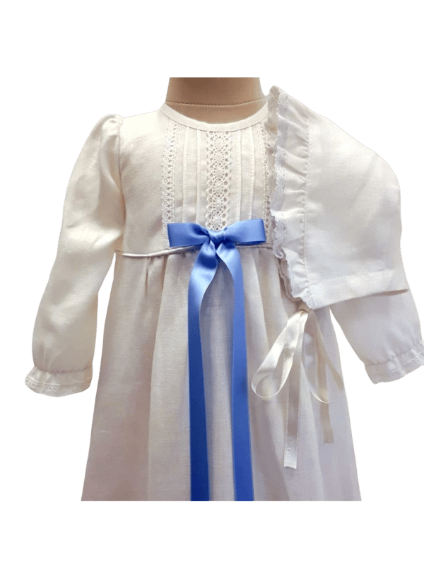 Christening gown in off white linen with long sleeves and bonnet , 5 bows tho choose from -  Grace of sweden