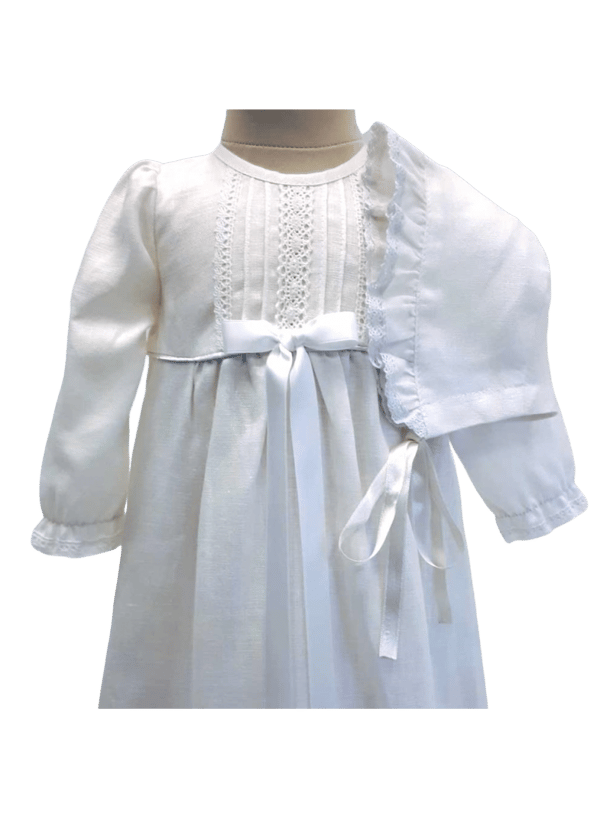Christening gown in off white linen with long sleeves and bonnet , 5 bows tho choose from -  Grace of sweden