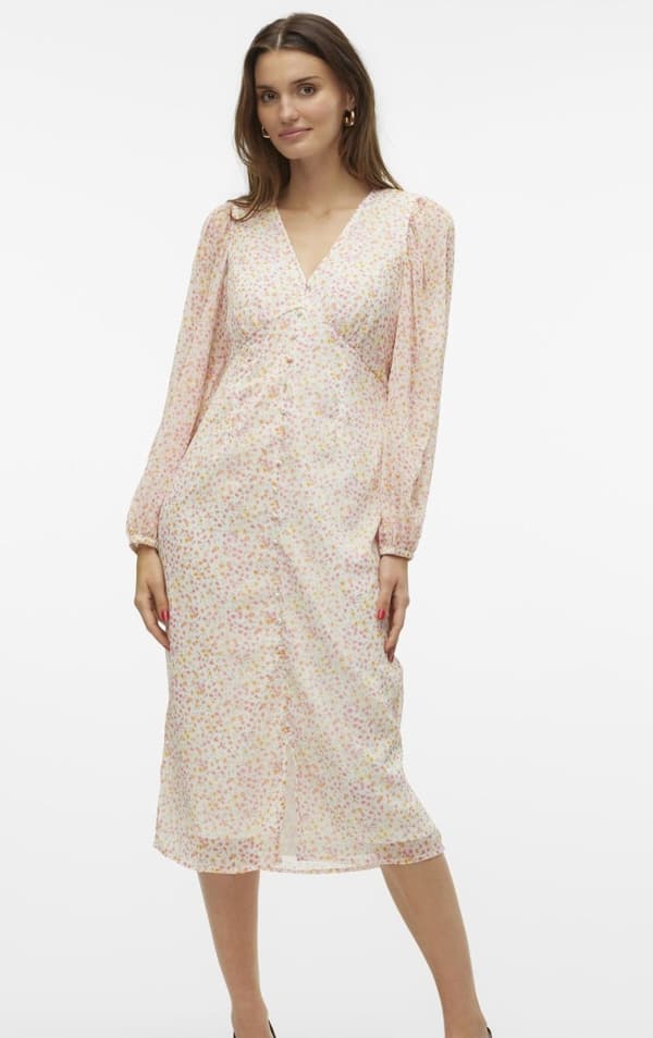Vero Moda - vmSmilla LS V-neck Calf Dress Pink Flower Print Offwhite M