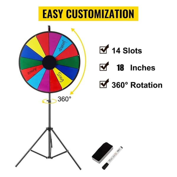 46cm diameter torr radering färgat prishjul med fällbart stativ, justerbar höjd