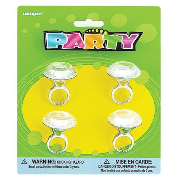 Unique Party Diamond Ring Plastic Party Favours (Pack of 4) Silver One Size