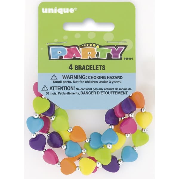 Unique Party Heart Bracelet (Pack of 4) Purple/Green/Blue/Pink One Size