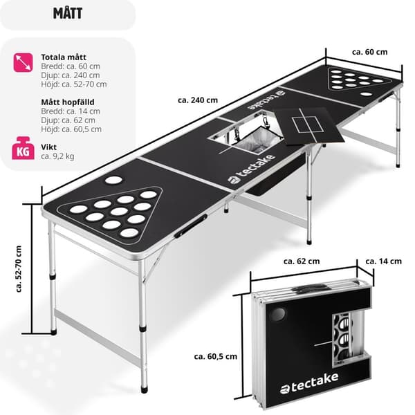 Beerpong bord Beer Ball Blitz - hopfällbar och höjdjusterbar - svart