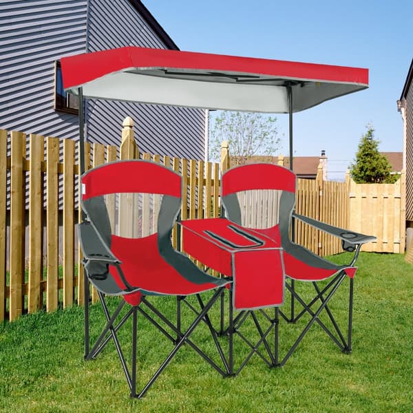 Campingstol, Dubbel Hopfällbar med Baldakin och Armstöd, 131x53x151 cm, Turkos