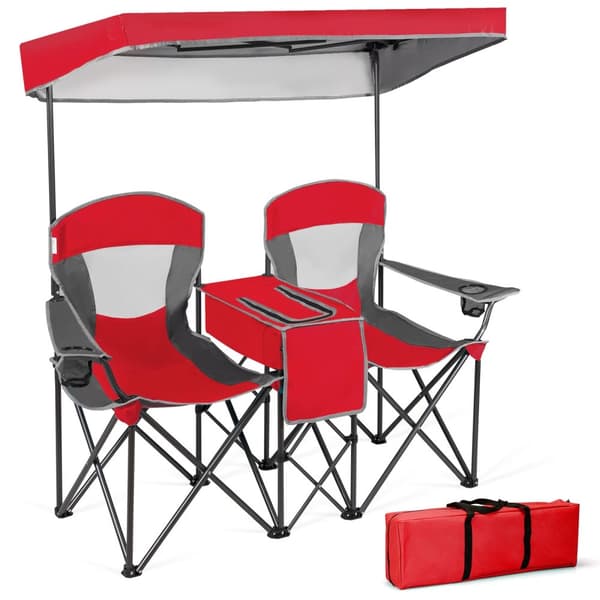 Campingstol, Dubbel Hopfällbar med Baldakin och Armstöd, 131x53x151 cm, Turkos
